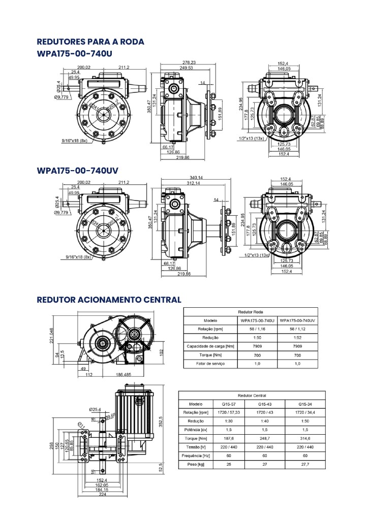 Desenhos técnicos dos redutores WPA (roda) e G15 (acionamento central)